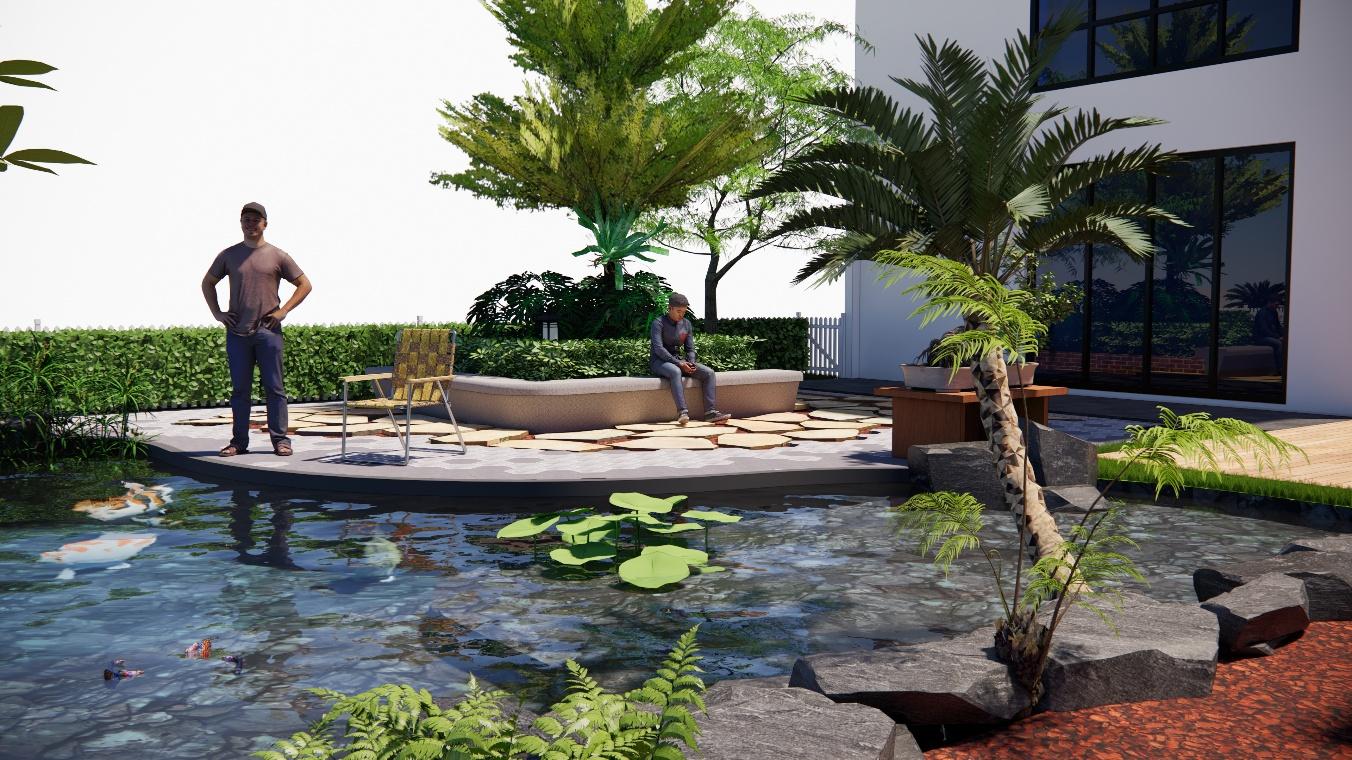 3D landscape design render — koi pond garden