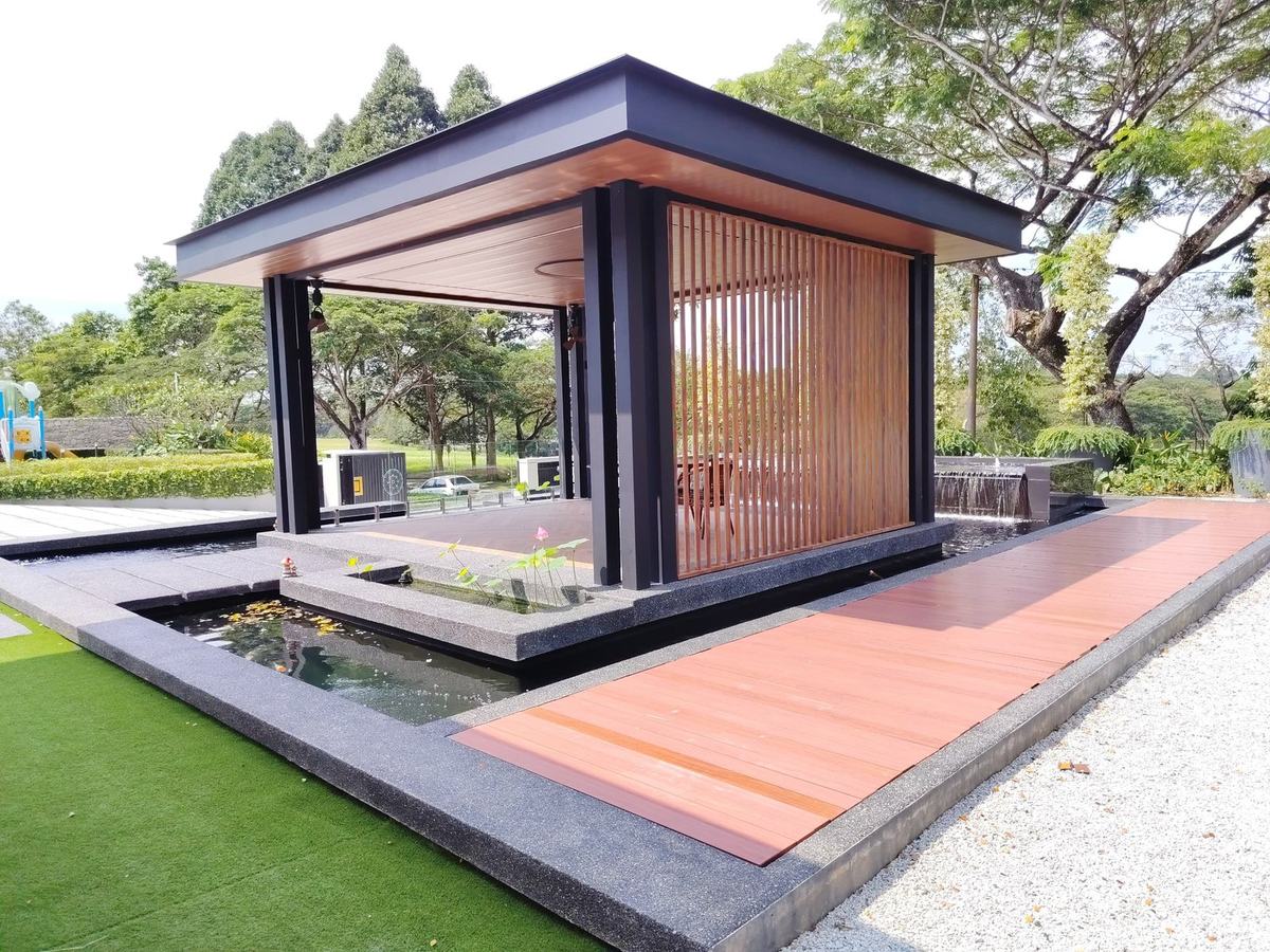 Completed pavilion over koi pond, same angle as 3D render