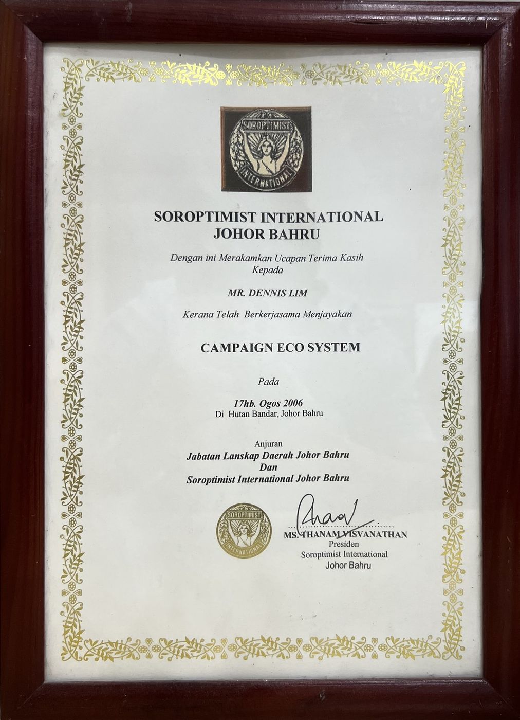 Soroptimist International Johor Bahru certificate of appreciation, 2006