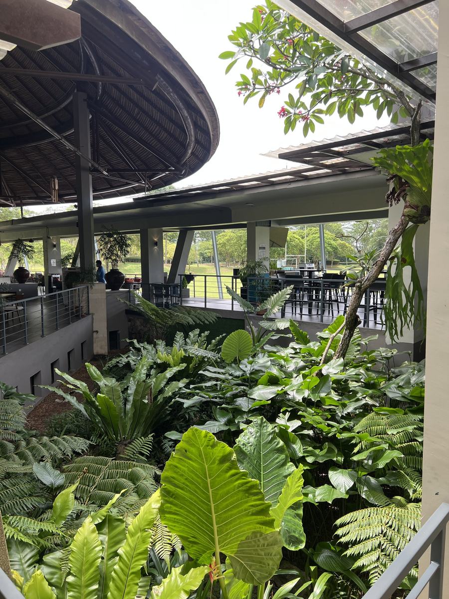 Clubhouse dining pavilion surrounded by tropical planting