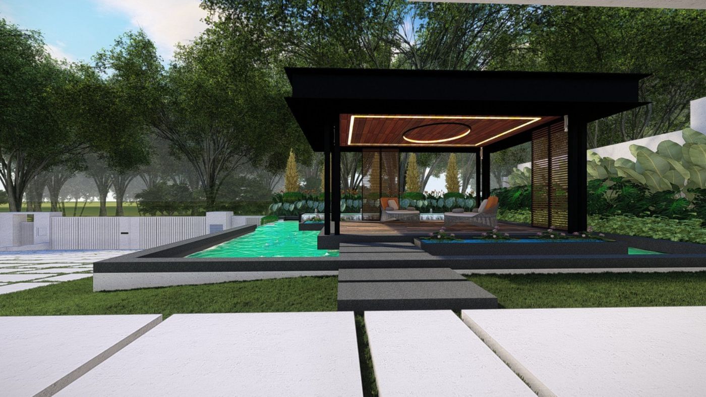 3D render pool pavilion and koi pond design