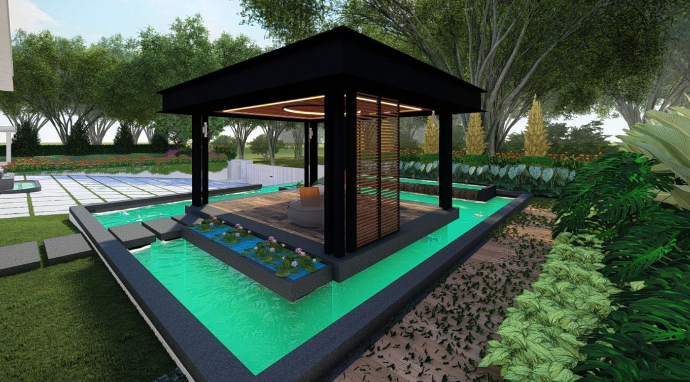 3D render pavilion over koi pond